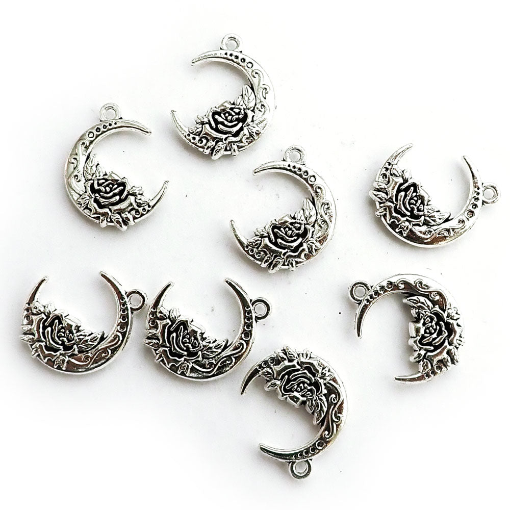 Ornate Moon Rose Charms, Silver Tone Color, 5 charms