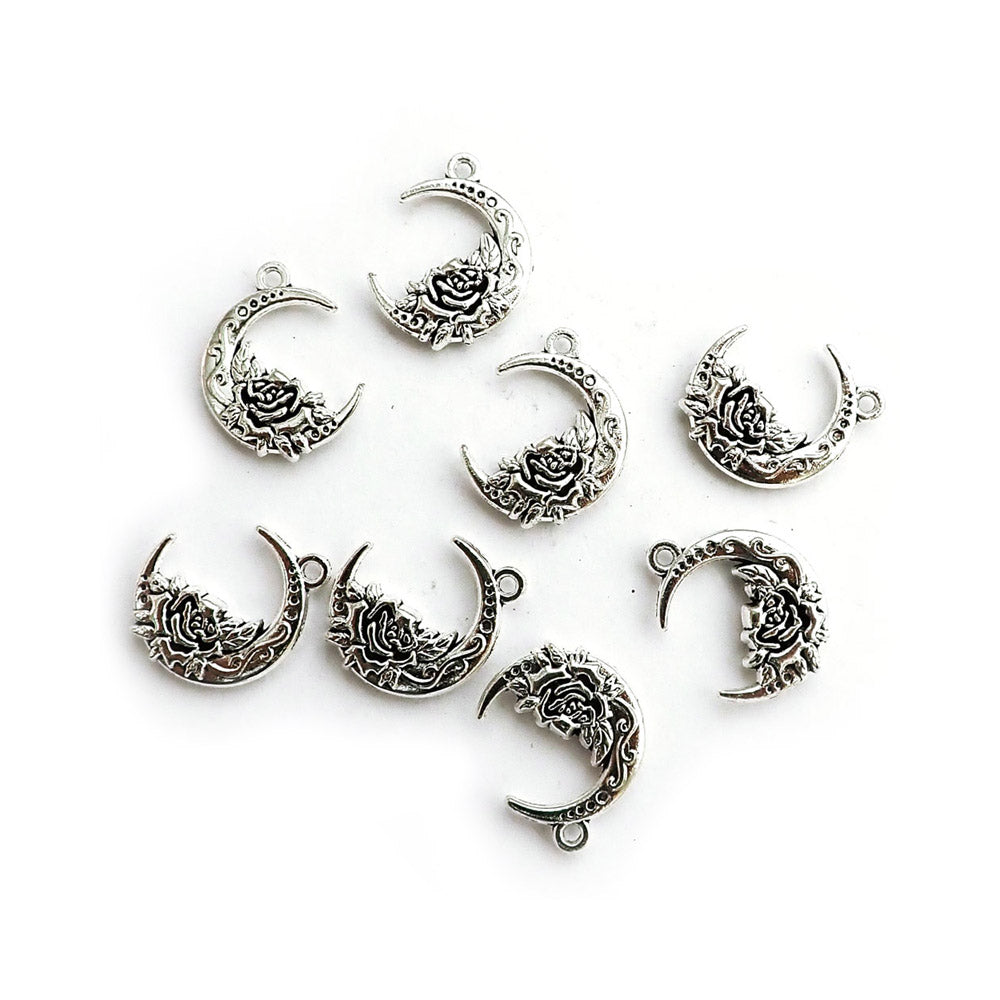 Ornate Moon Rose Charms, Silver Tone Color, 5 charms