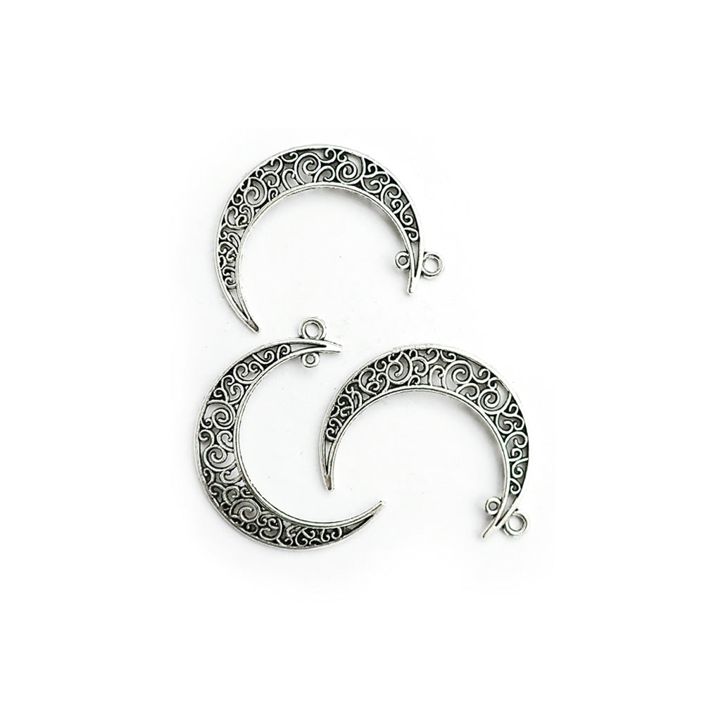 Ornate Moon Scroll Design Metal Charms, Silver Color, 3 charms