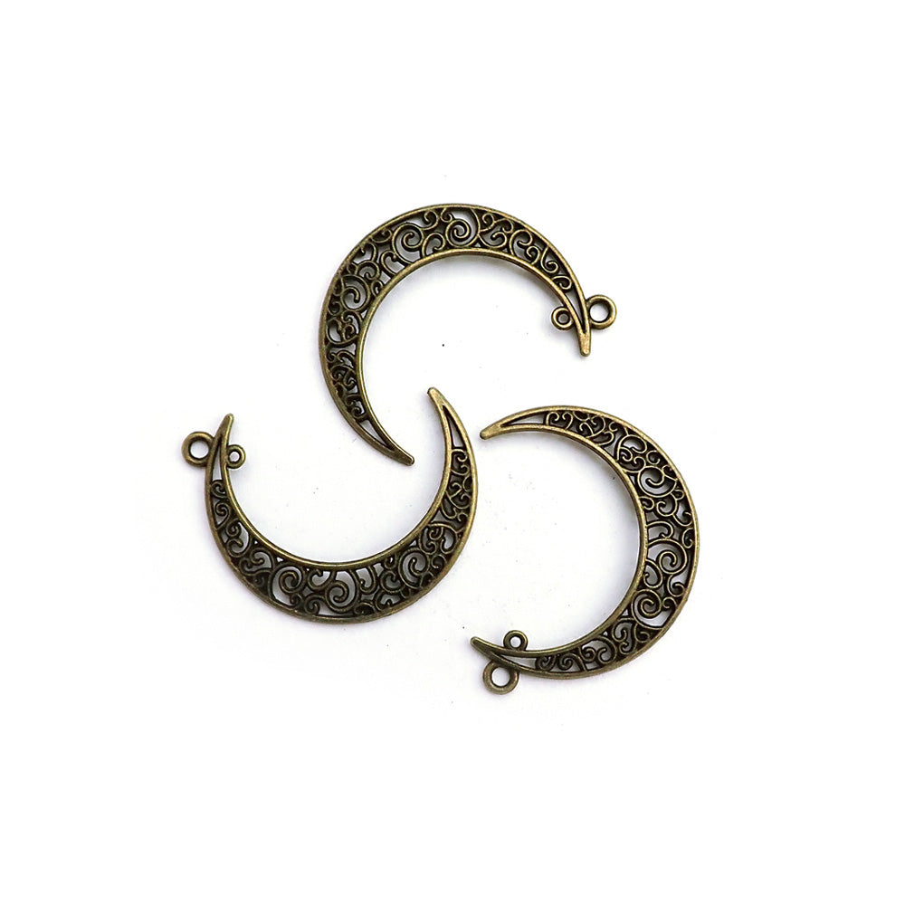 Ornate Moon Scroll Design Metal Charms, Antique Bronze Color, 3 charms