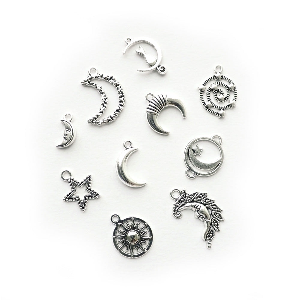 Celestial Vintage Theme Charms, Random Mix, Silver Tone Color, about 10 charms