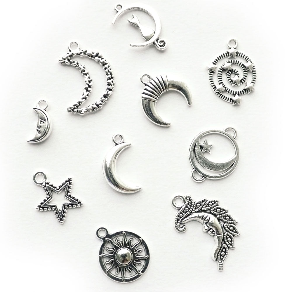 Celestial Vintage Theme Charms, Random Mix, Silver Tone Color, about 10 charms