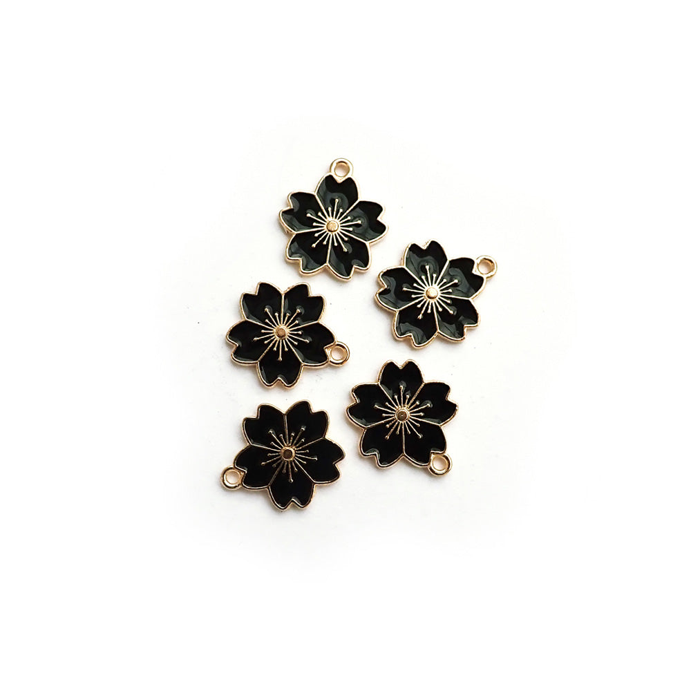 Black Enamel Flower Metal Charm, 5 charms