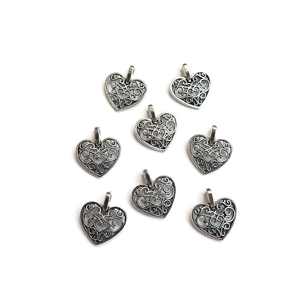 Vintage Style Heart Metal Charm w/ Scroll Design, Silver Tone Color, about 8 charms