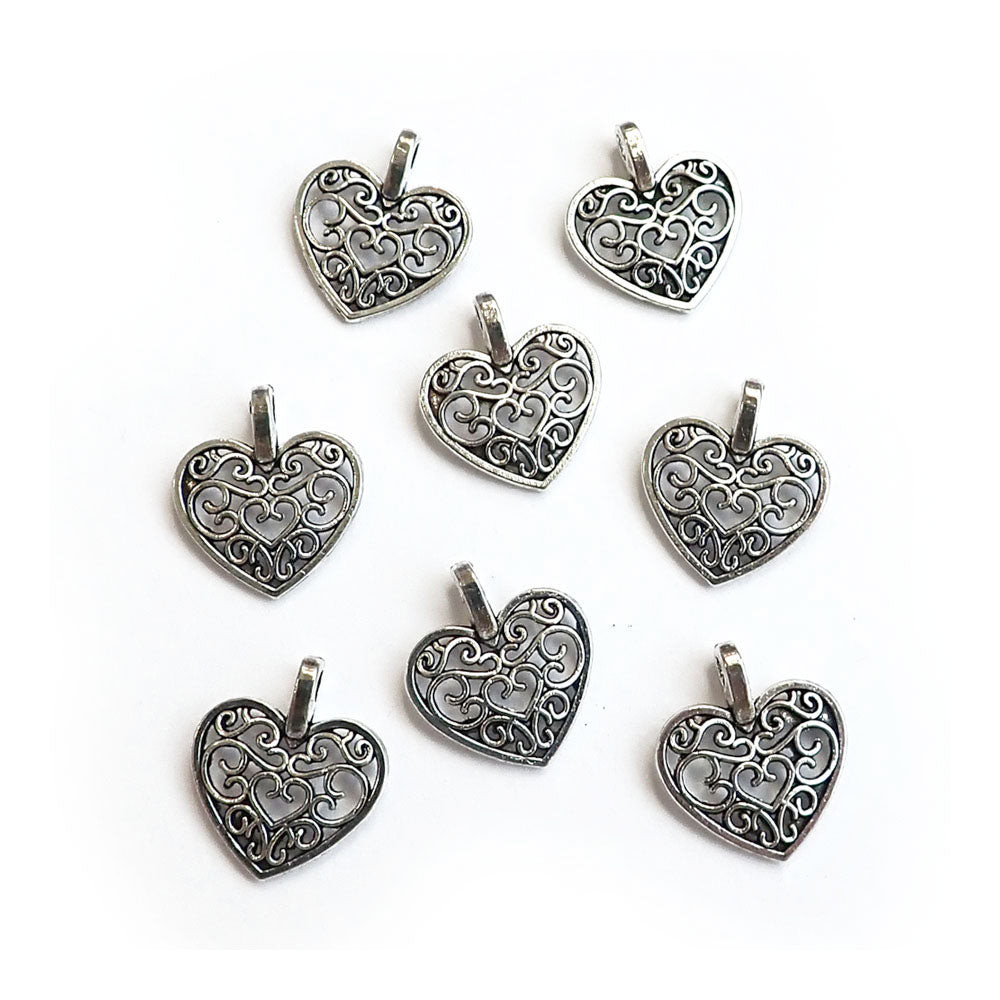 Vintage Style Heart Metal Charm w/ Scroll Design, Silver Tone Color, about 8 charms