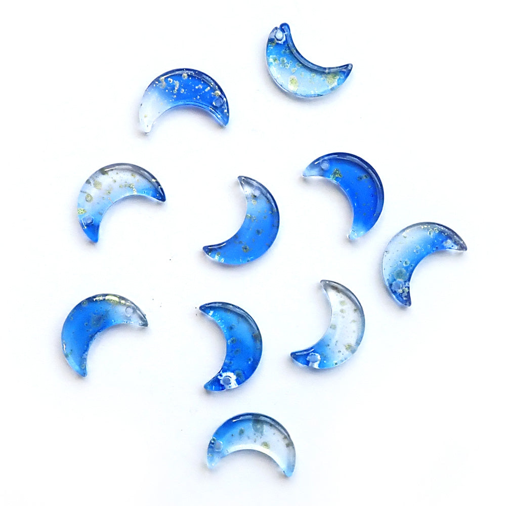 Glass Moon Charms, Blue w/ Gold Flecks, about 10 charms