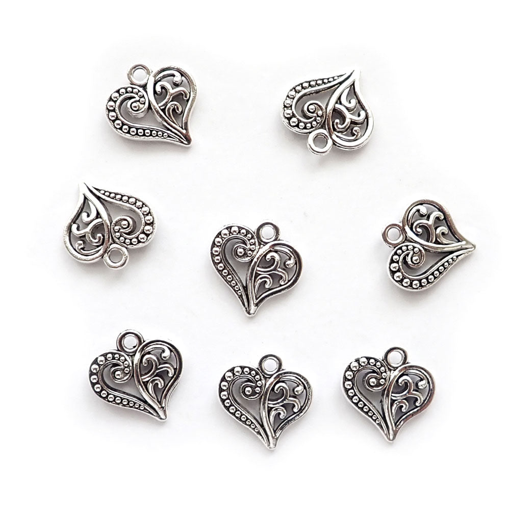 Heart Metal Charms w/ scroll designs, Silver Tone Color, about 8 charms