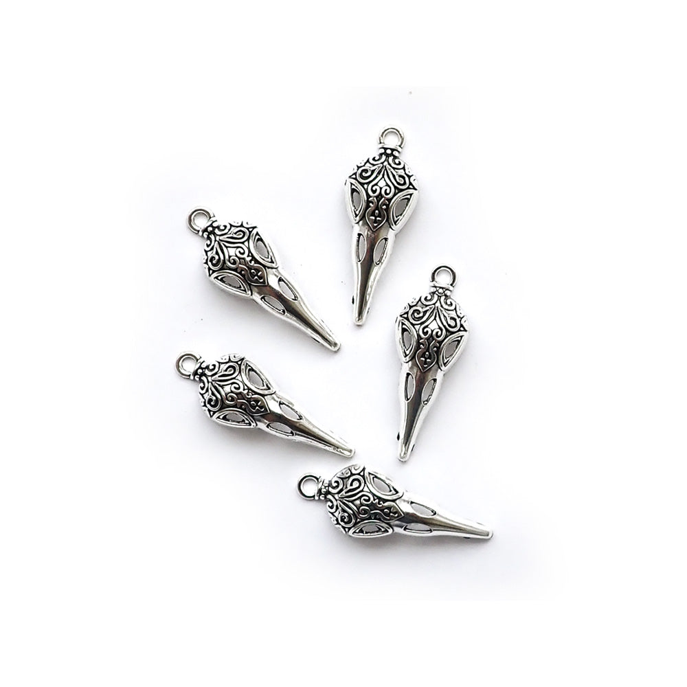 Bird Skeleton Metal Charm, Silver Tone, 5 charms