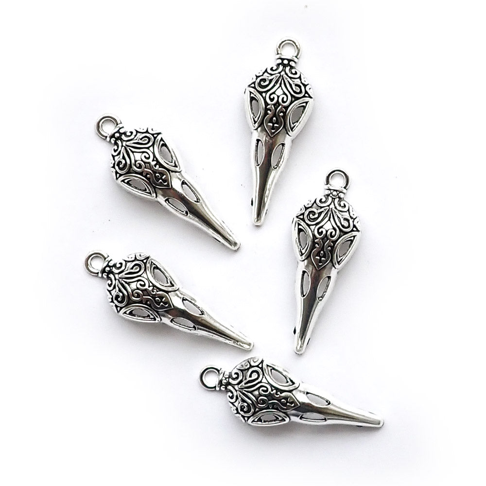 Bird Skeleton Metal Charm, Silver Tone, 5 charms