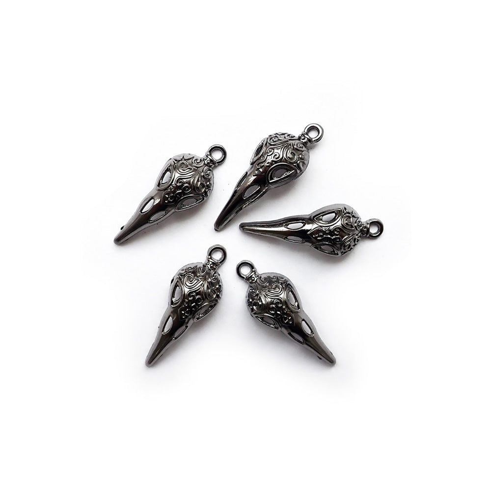 Bird Skull Metal Charm, Gun Metal Color, 5 charms