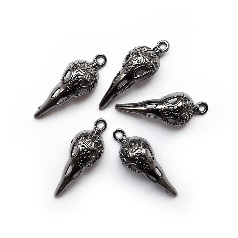 Bird Skull Metal Charm, Gun Metal Color, 5 charms