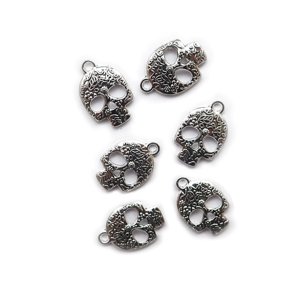 Floral Sugar Skull Metal Charms, Silver Tone, 6 charms