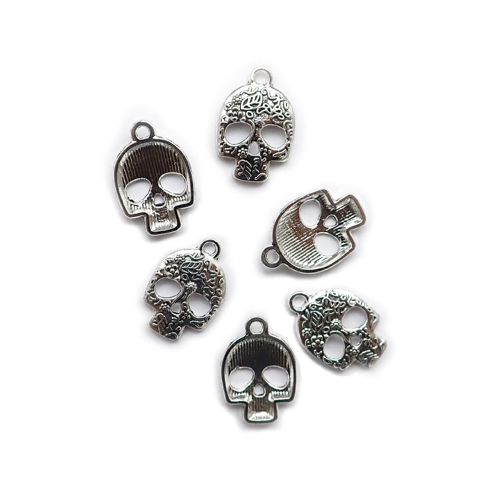 Floral Sugar Skull Metal Charms, Silver Tone, 6 charms