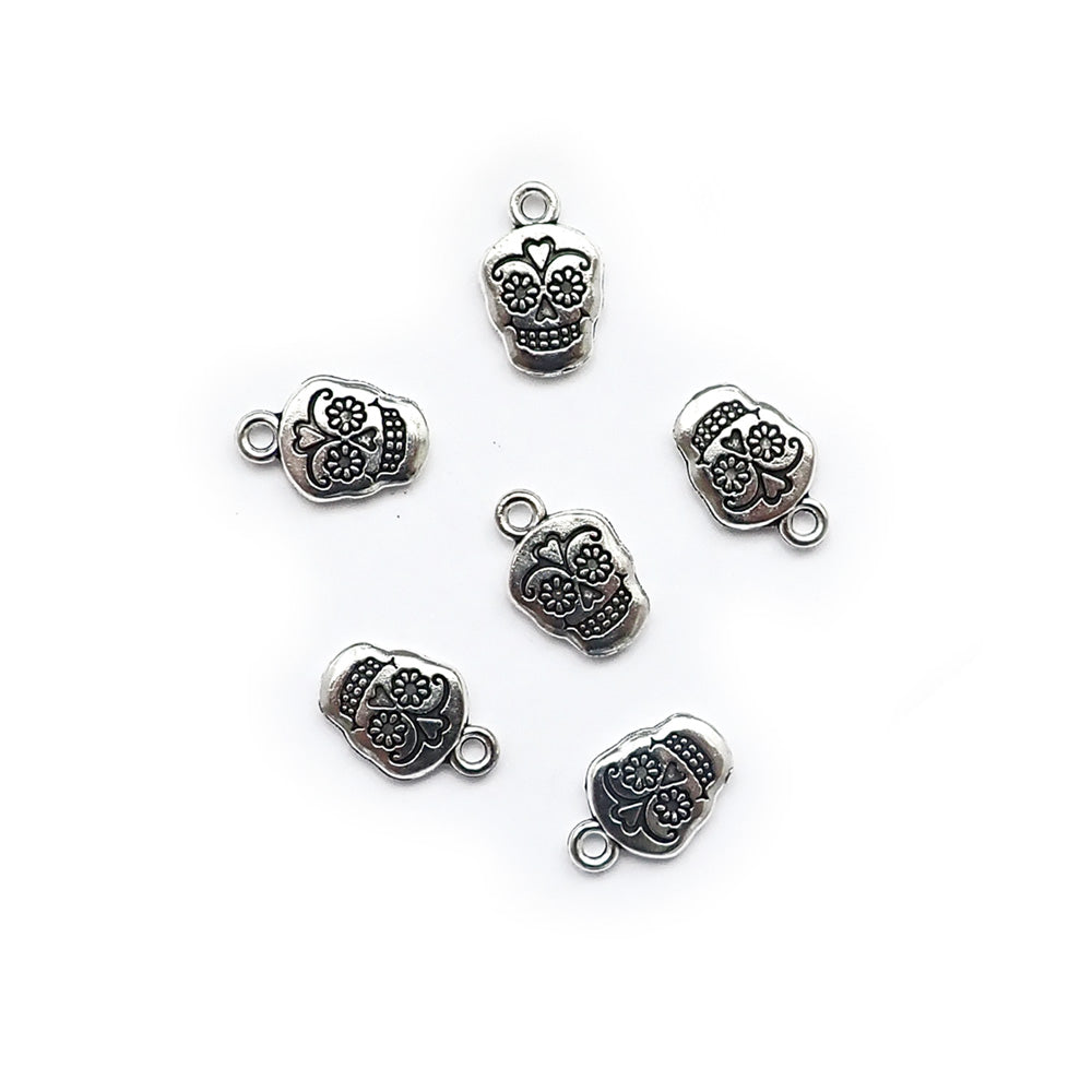 Sugar Skull Metal Charms w/ Heart Design, Silver Tone, 6 charms