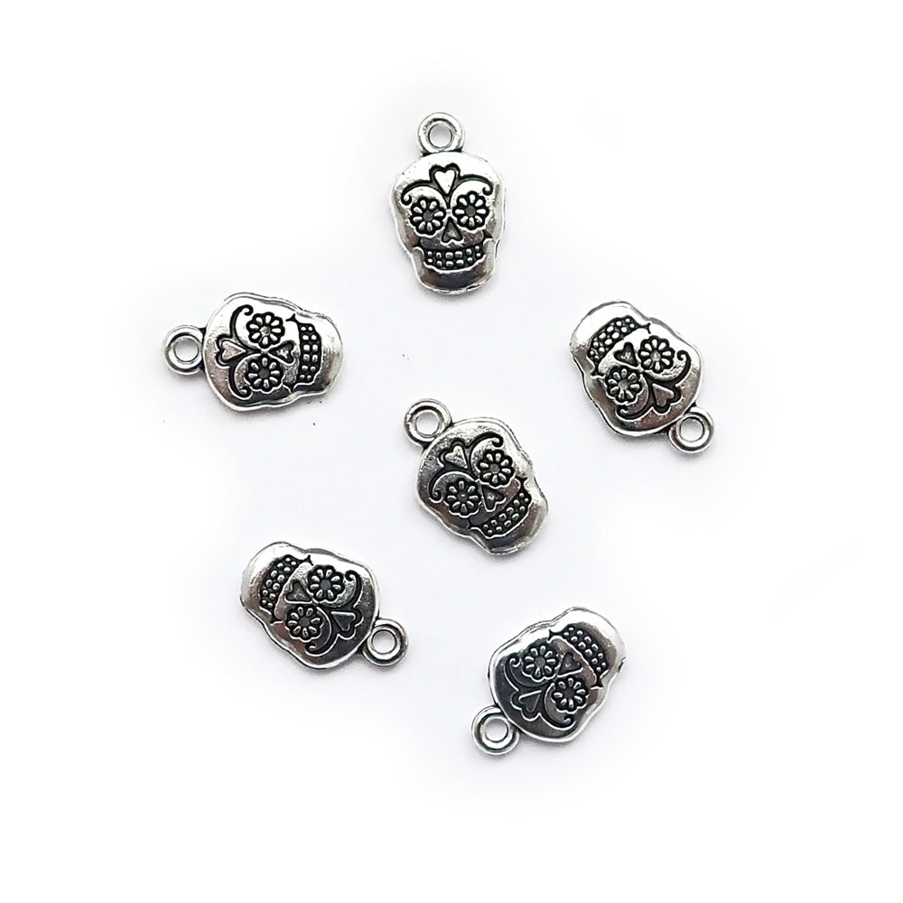 Sugar Skull Metal Charms w/ Heart Design, Silver Tone, 6 charms