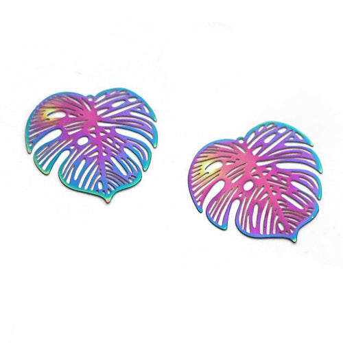 Iridescent Monstera Charms, Lasercut Thin Metal Earring Findings Charms, 3 charms