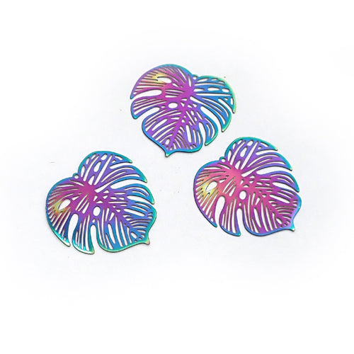 Iridescent Monstera Charms, Lasercut Thin Metal Earring Findings Charms, 3 charms