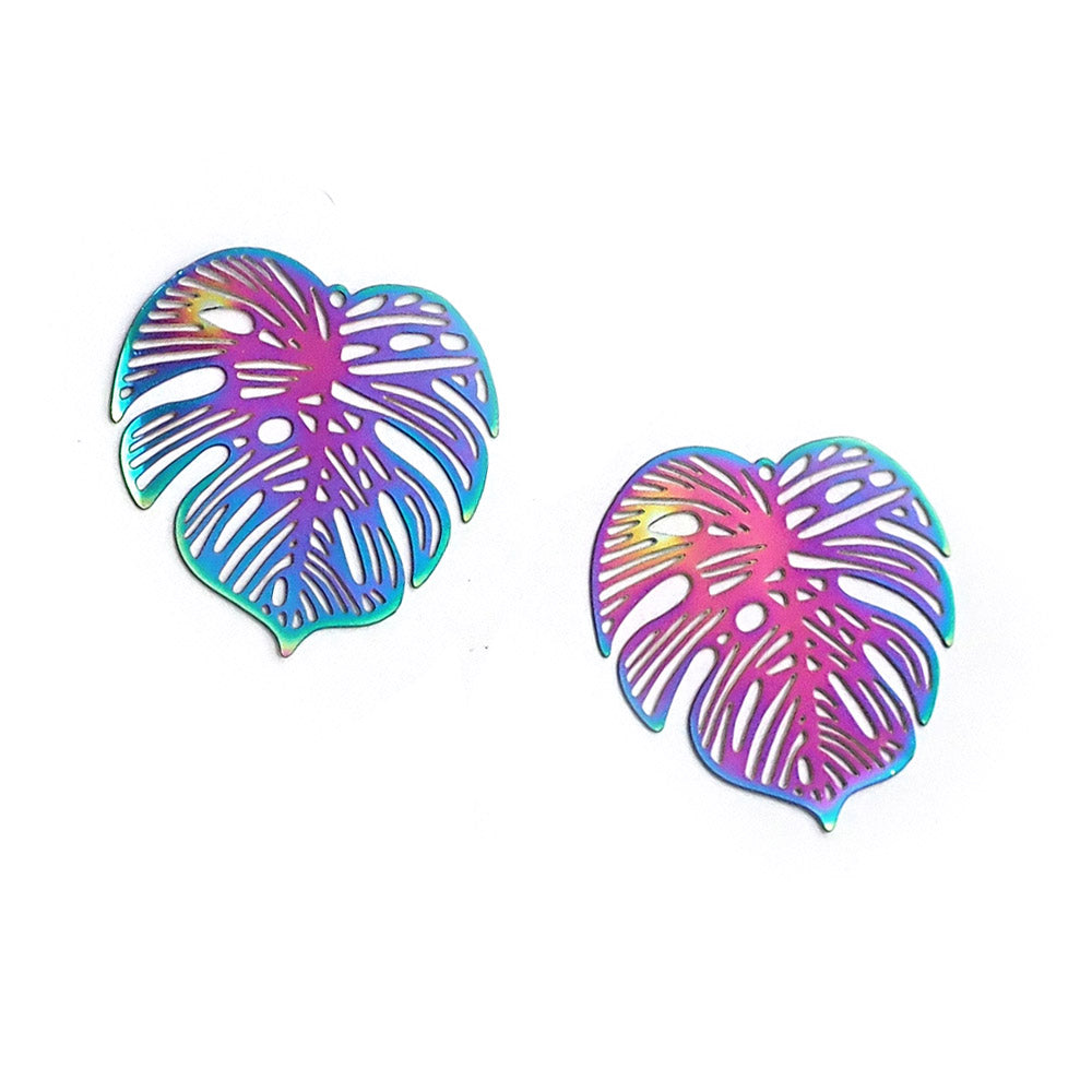 Iridescent Monstera Charms, Lasercut Thin Metal Earring Findings Charms, 3 charms