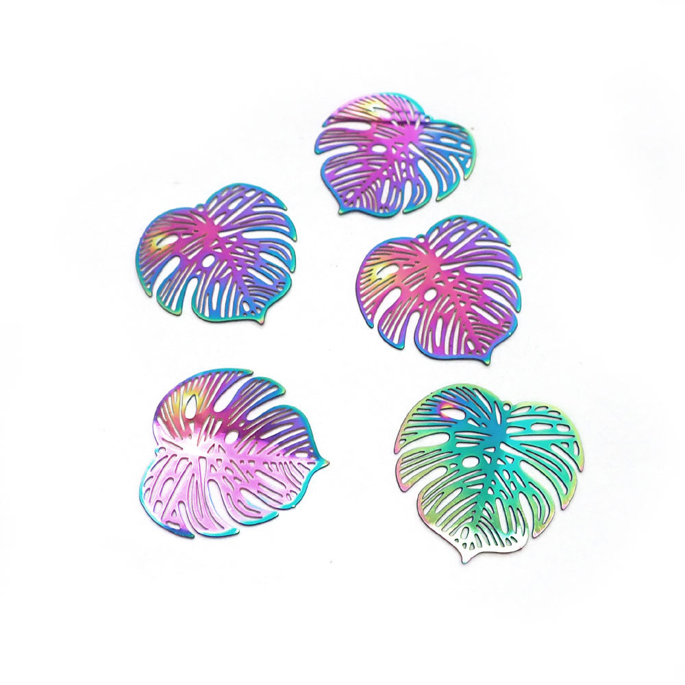 Iridescent Monstera Charms, Lasercut Thin Metal Earring Findings Charms, 3 charms