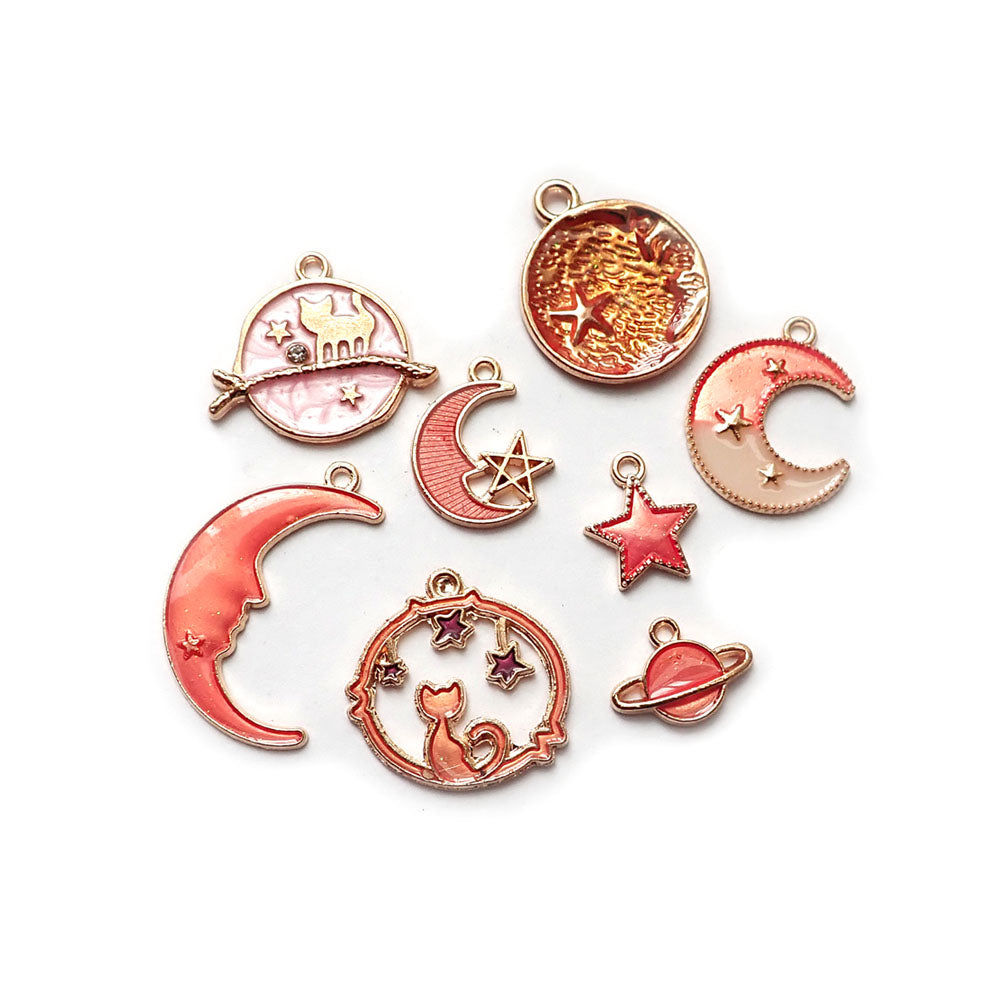 Peachy Pink Celestial Moon, Stars &amp; Cat Theme Enamel Metal Charms, 8 charms