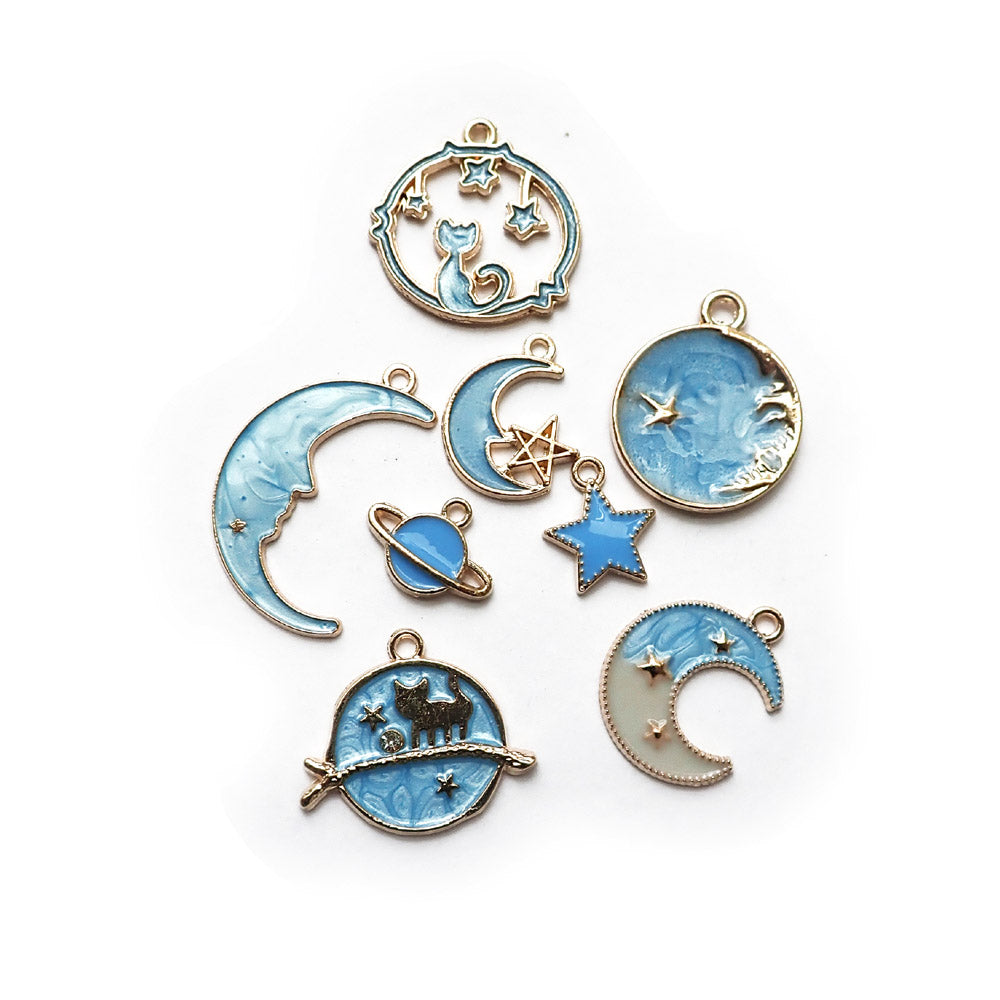 Light Blue Celestial Moon, Stars &amp; Cat Theme Enamel Metal Charms, 8 charms