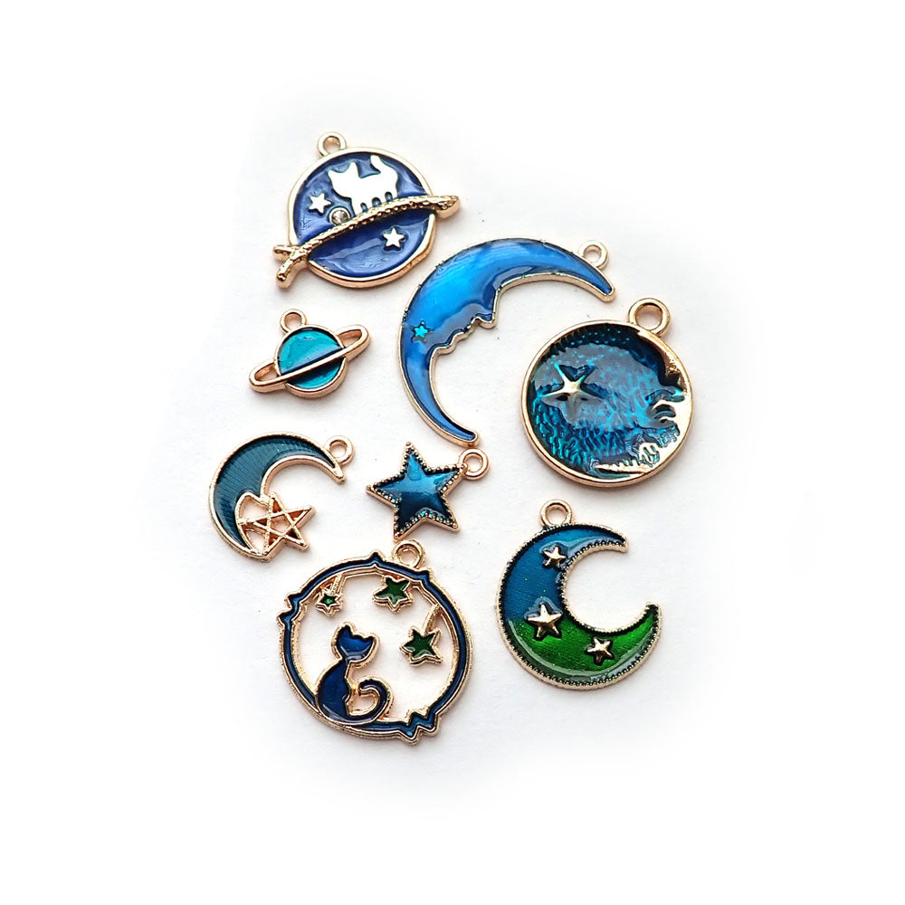 Dark Blue Celestial Moon, Stars &amp; Cat Theme Enamel Metal Charms, 8 charms