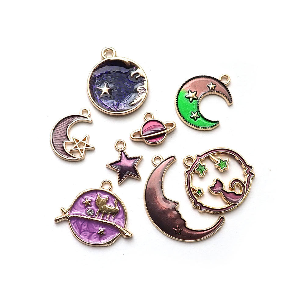 Purple Celestial Moon, Stars &amp; Cat Theme Enamel Metal Charms, 8 charms