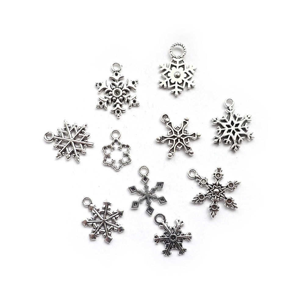 Snowflake Theme Metal Charms, Mixed Shapes, Silver Tone Color, 10 charms