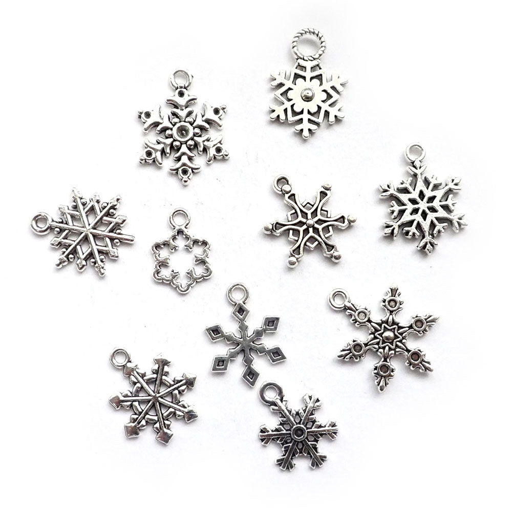 Snowflake Theme Metal Charms, Mixed Shapes, Silver Tone Color, 10 charms