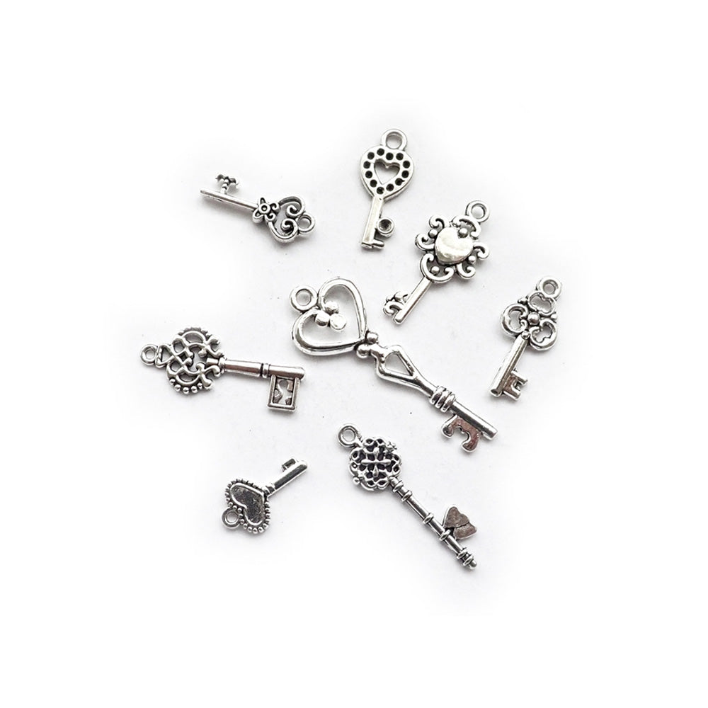 Designer Keys Metal Charm Mix, Silver Tone, about 8 charms