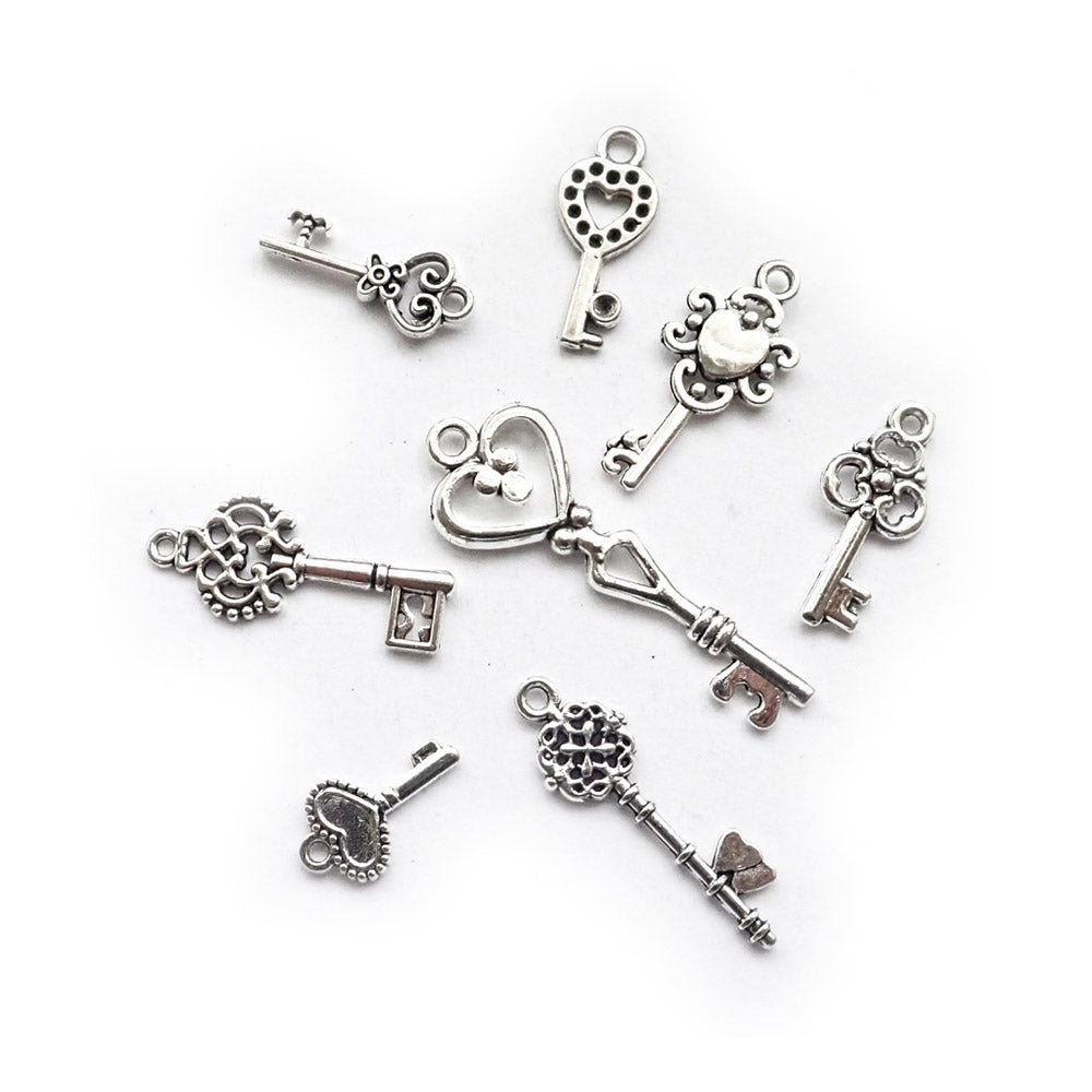 Designer Keys Metal Charm Mix, Silver Tone, about 8 charms