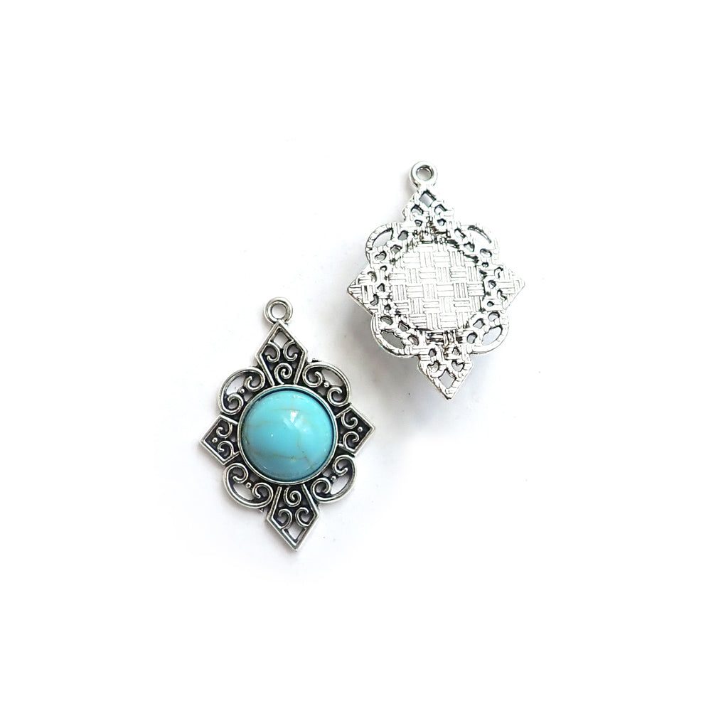 Filigree Pendant w/ Faux Turquoise, Ornate Diamond Shape, Silver Tone, 2 charms