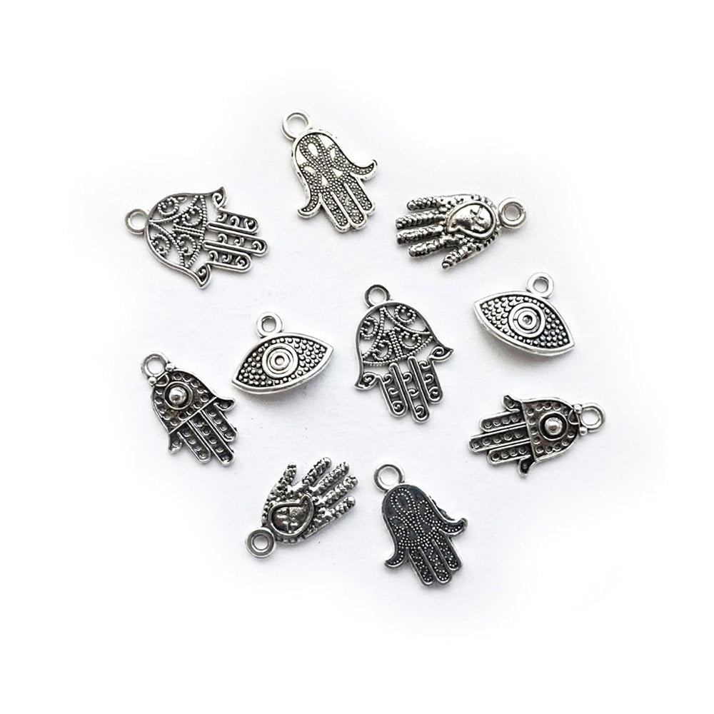 Hamsa Hand &amp; Evil Eye Metal Charm Mix, Silver Tone, 10 charms