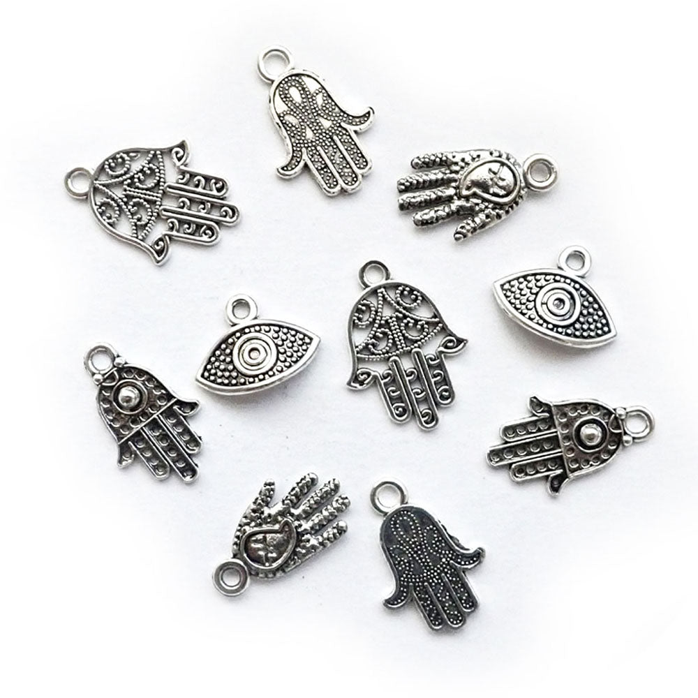 Hamsa Hand & Evil Eye Metal Charm Mix, Silver Tone, 10 charms