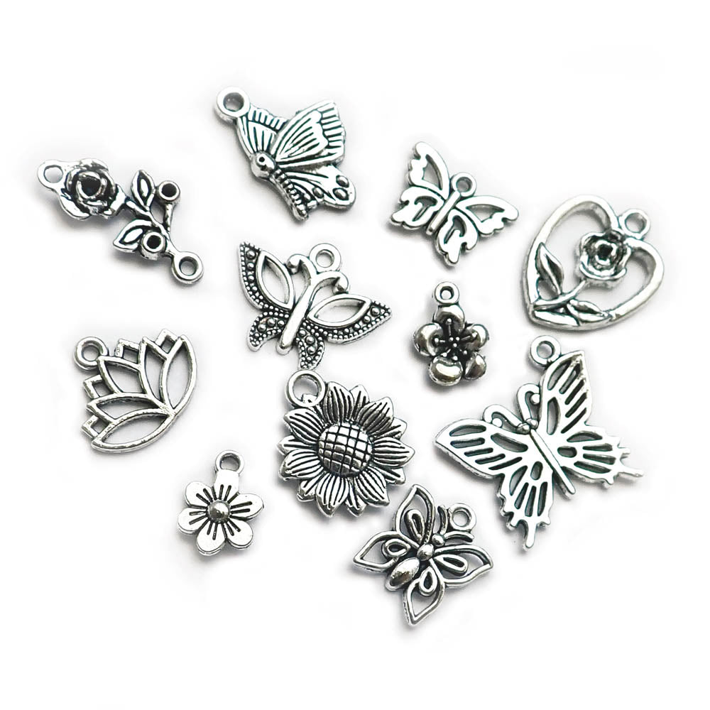 Butterfly &amp; Flower Charm Mix, Silver Tone, about 11 charms