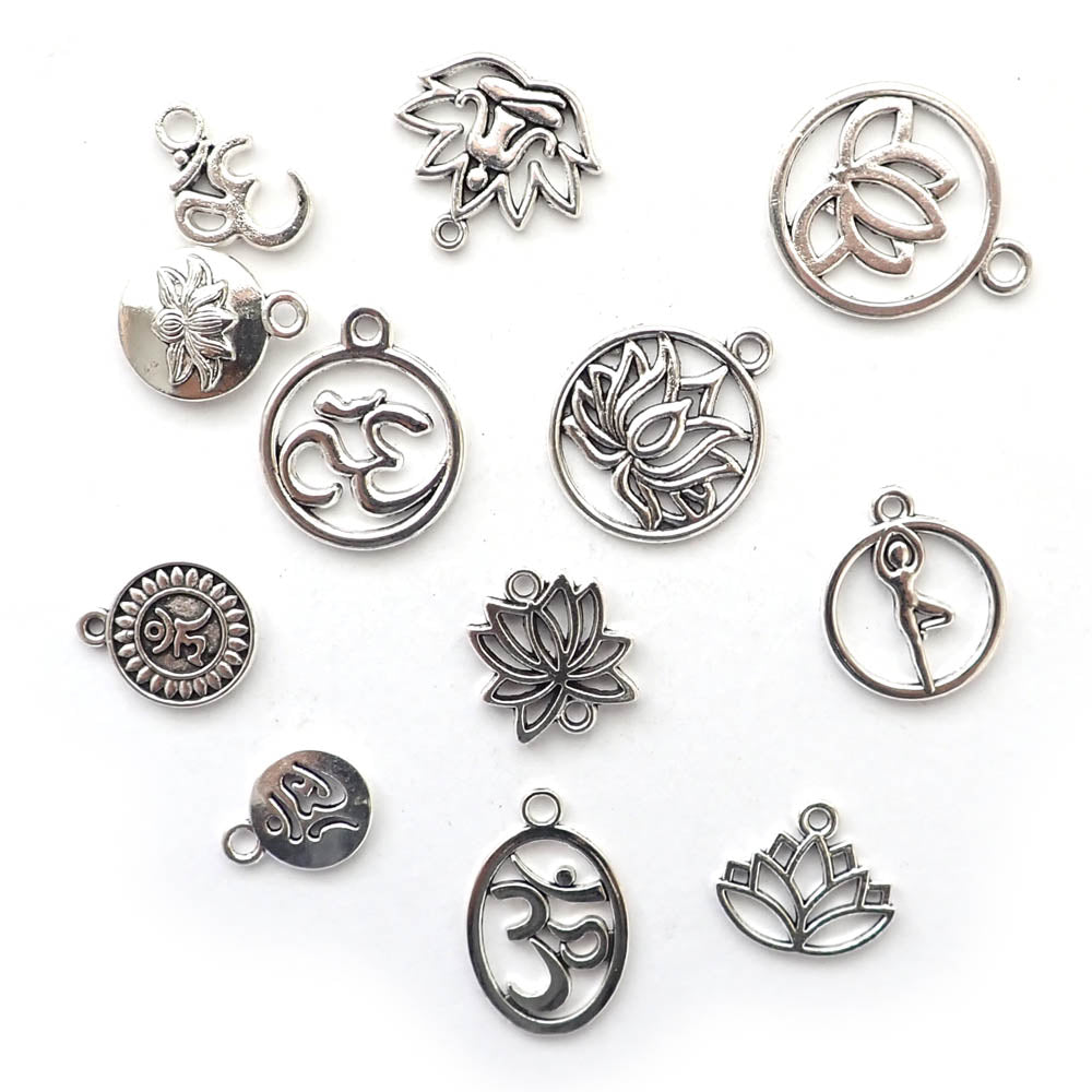 Yoga Zen Theme Metal Charms, Mixed Shapes, Silver Tone Color, 12 charms