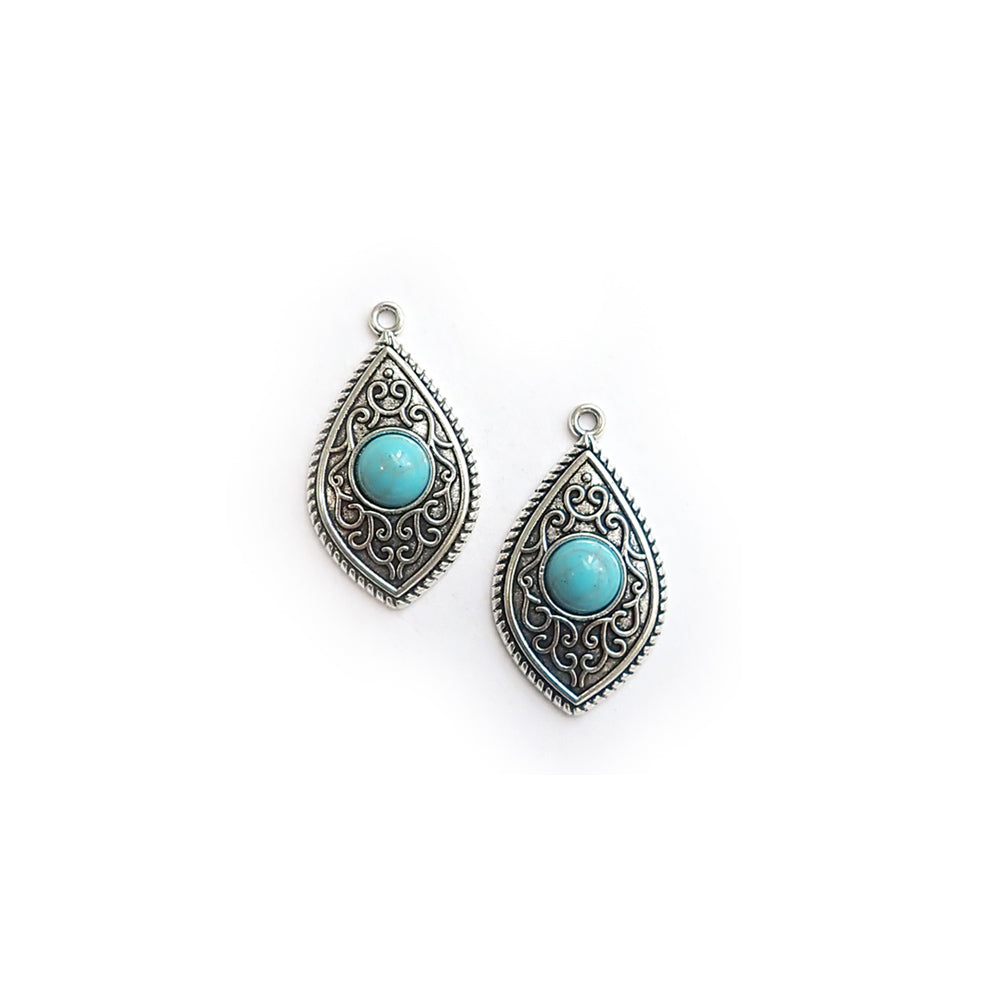 Filigree Pendant w/ Faux Turquoise, Pointed Tear Drop, 2 pcs