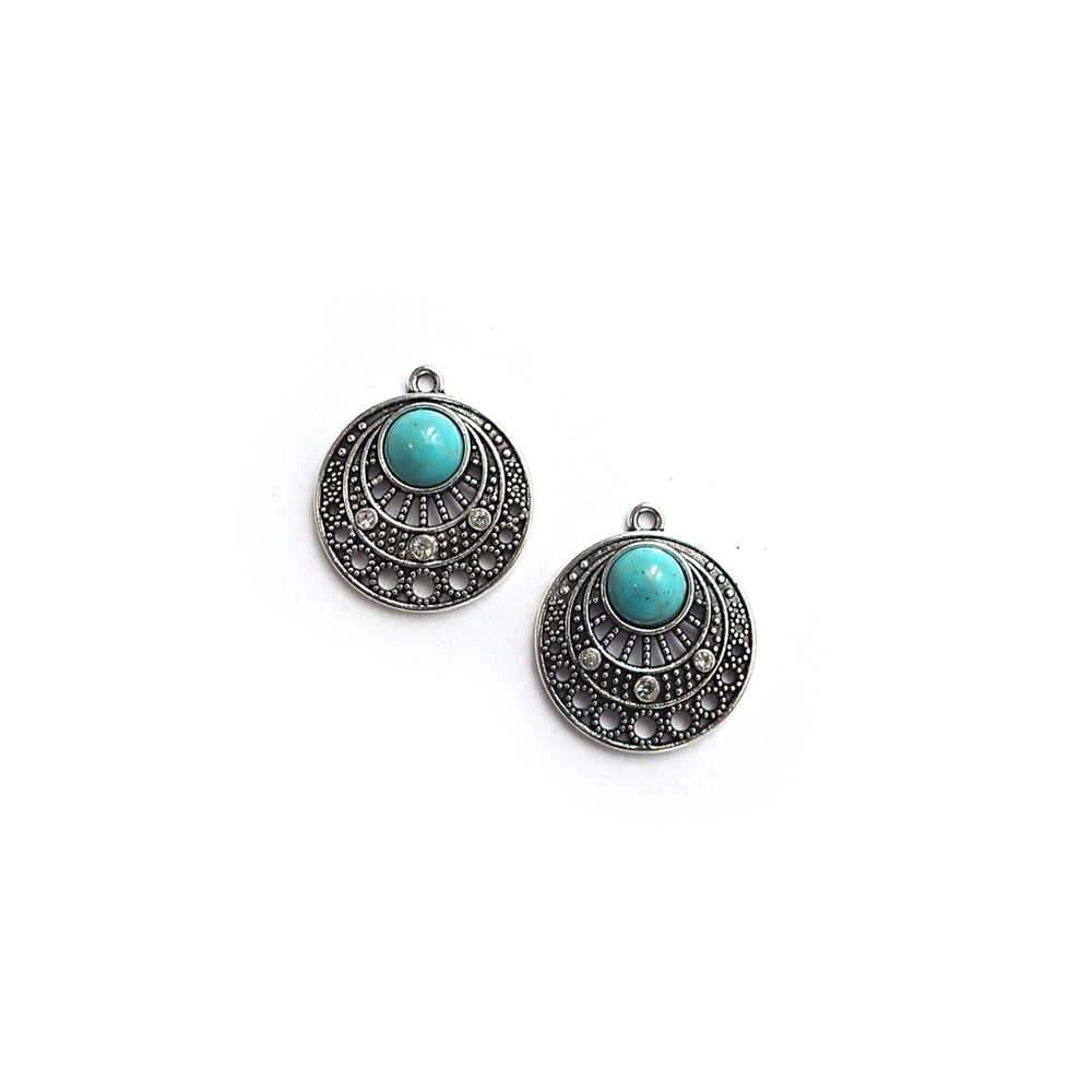 Ornate Round Pendant w/ Faux Turquoise, 2 pcs