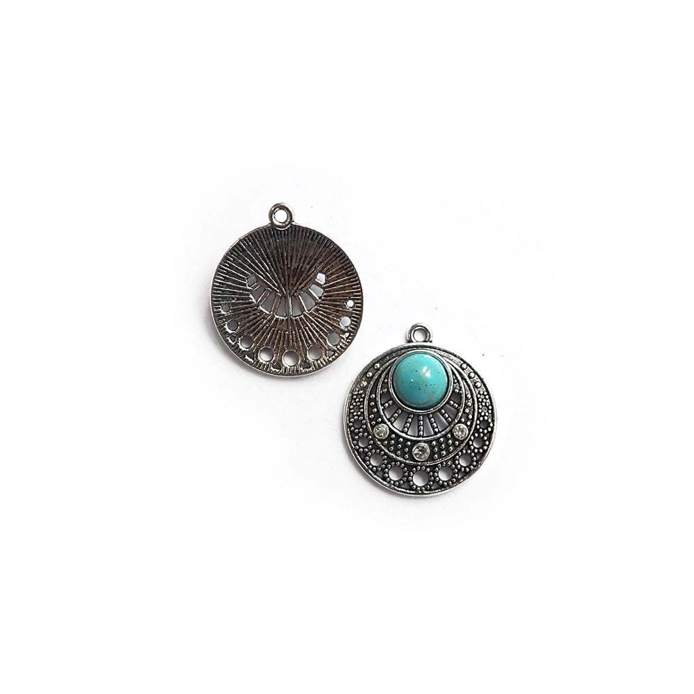 Ornate Round Pendant w/ Faux Turquoise, 2 pcs