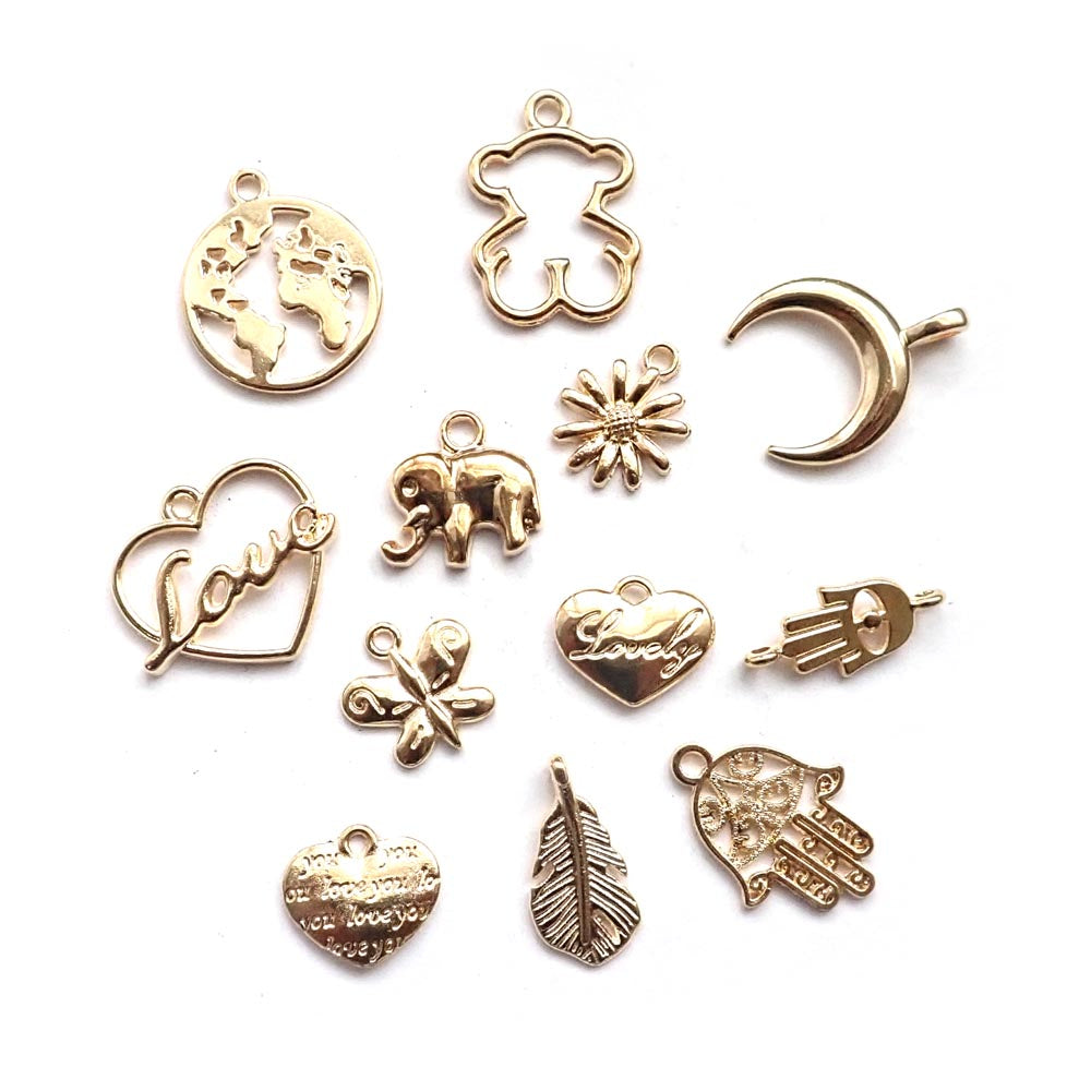 Surprise Metal Charm Mix, Gold Tone Color, 12 charms, for making bracelets & jewelry