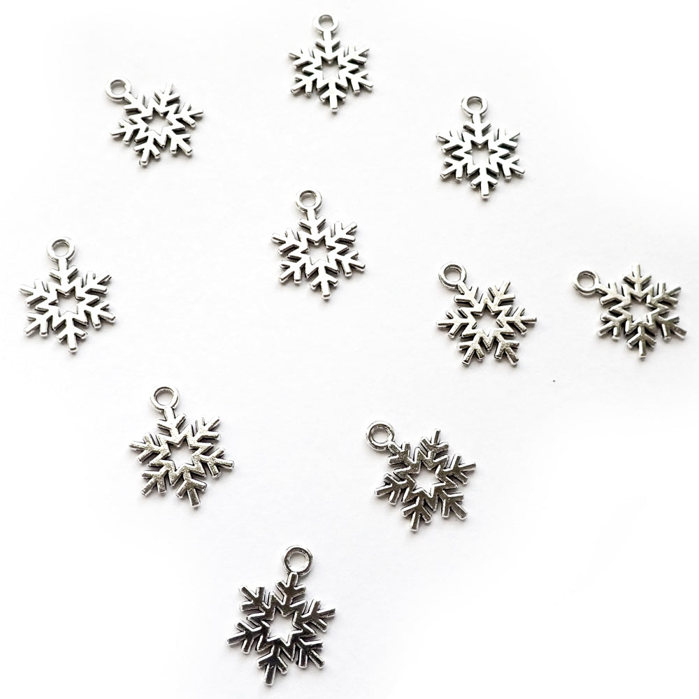 Snowflake Metal Charms, Silver Tone, about 10 charms, for making bracelets & jewelry