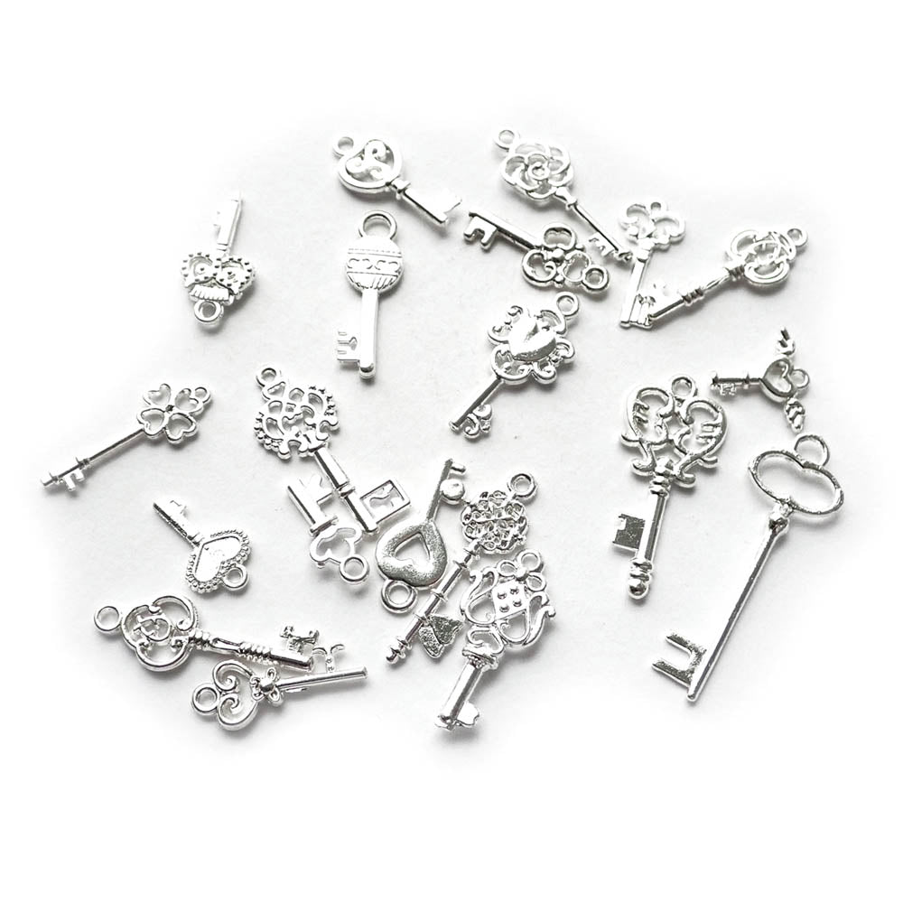 Vintage Style Key Metal Charm Mix, Bright Silver Tone, about 20 charms