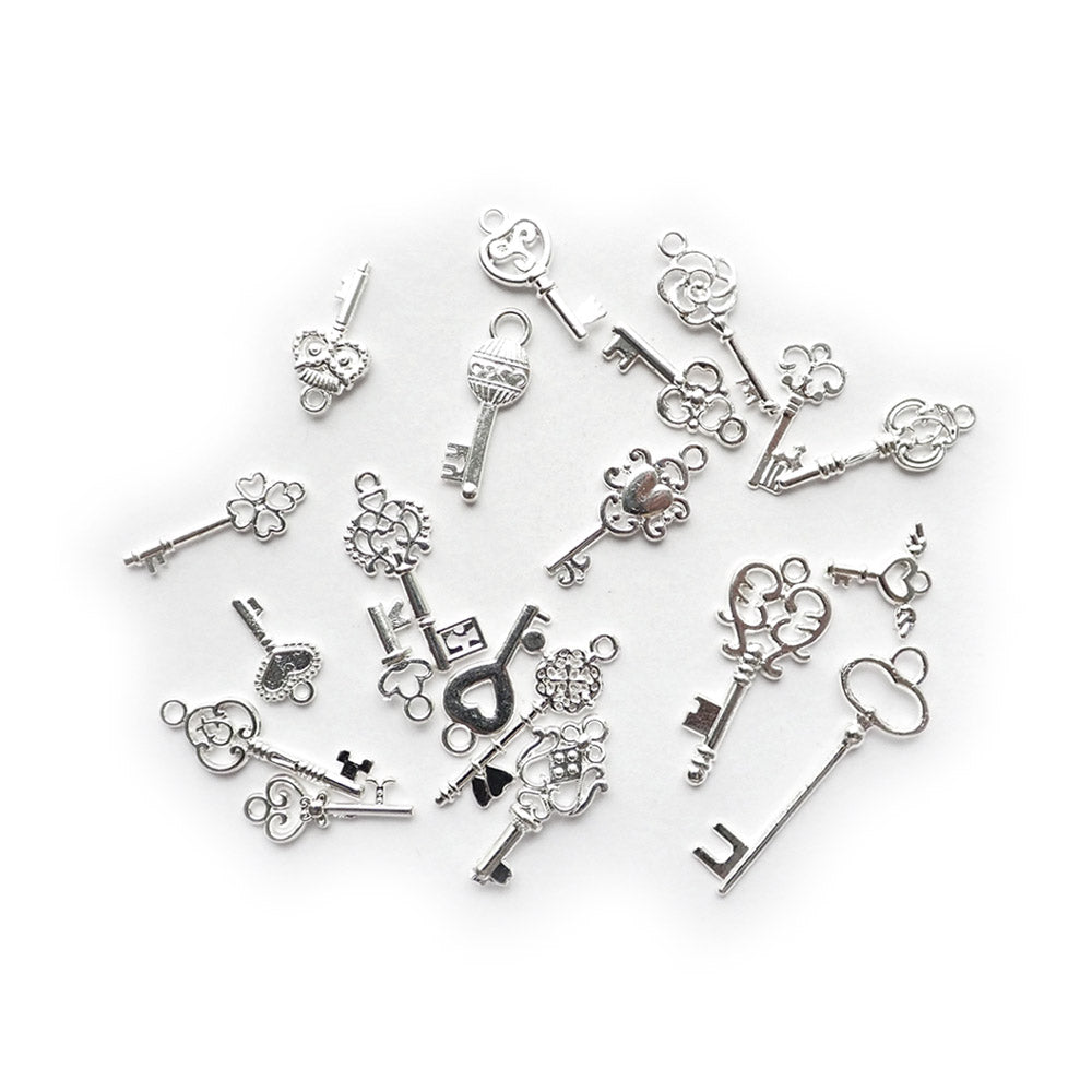 Vintage Style Key Metal Charm Mix, Bright Silver Tone, about 20 charms