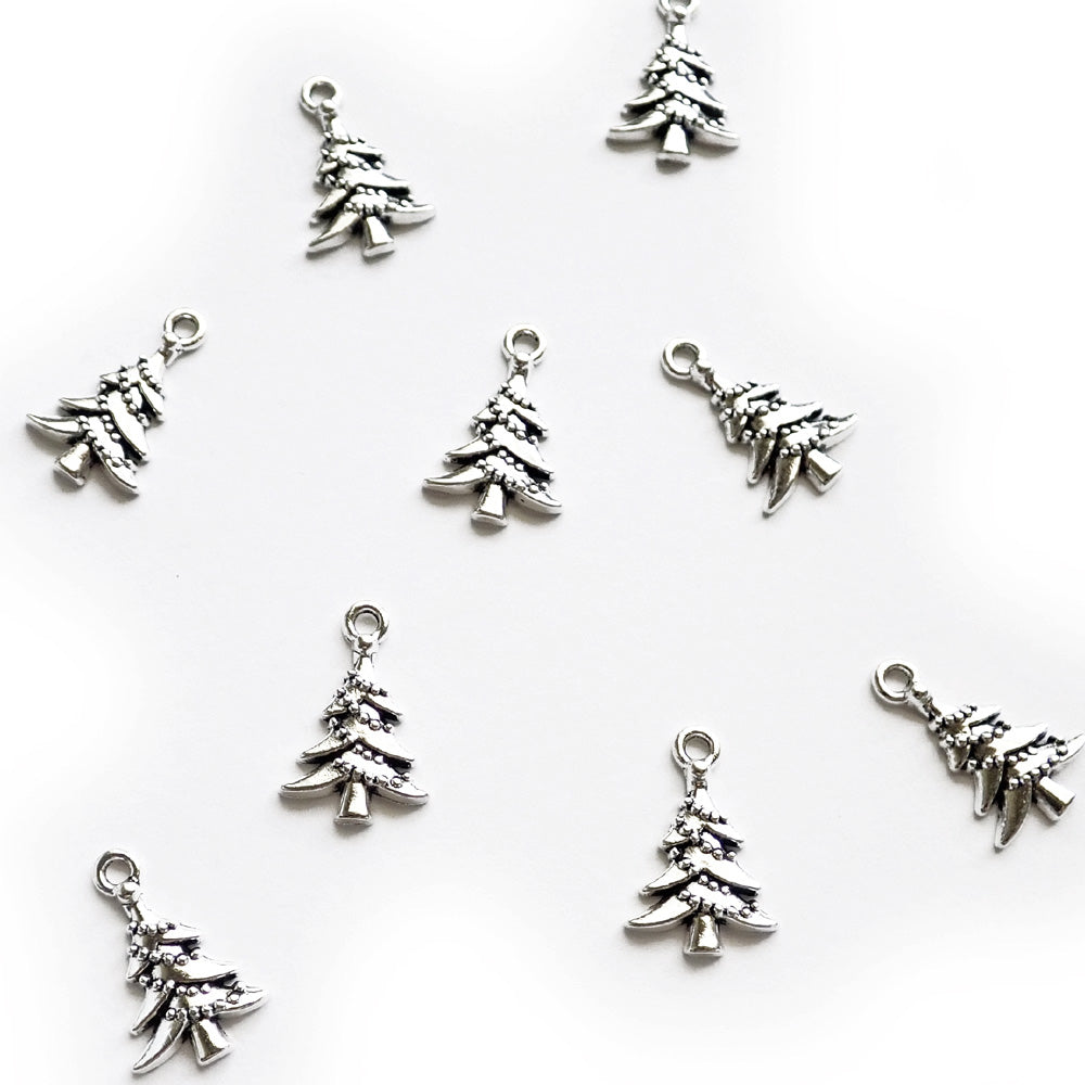 Christmas Tree Metal Charms, Silver Tone, about 9 charms, for making bracelets & jewelry