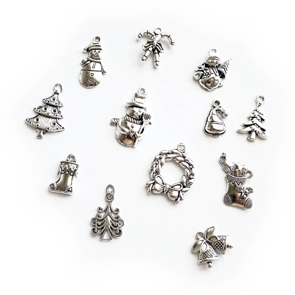 Christmas Metal Charm Mix, Silver Tone, about 12 charms, for making bracelets & jewelry