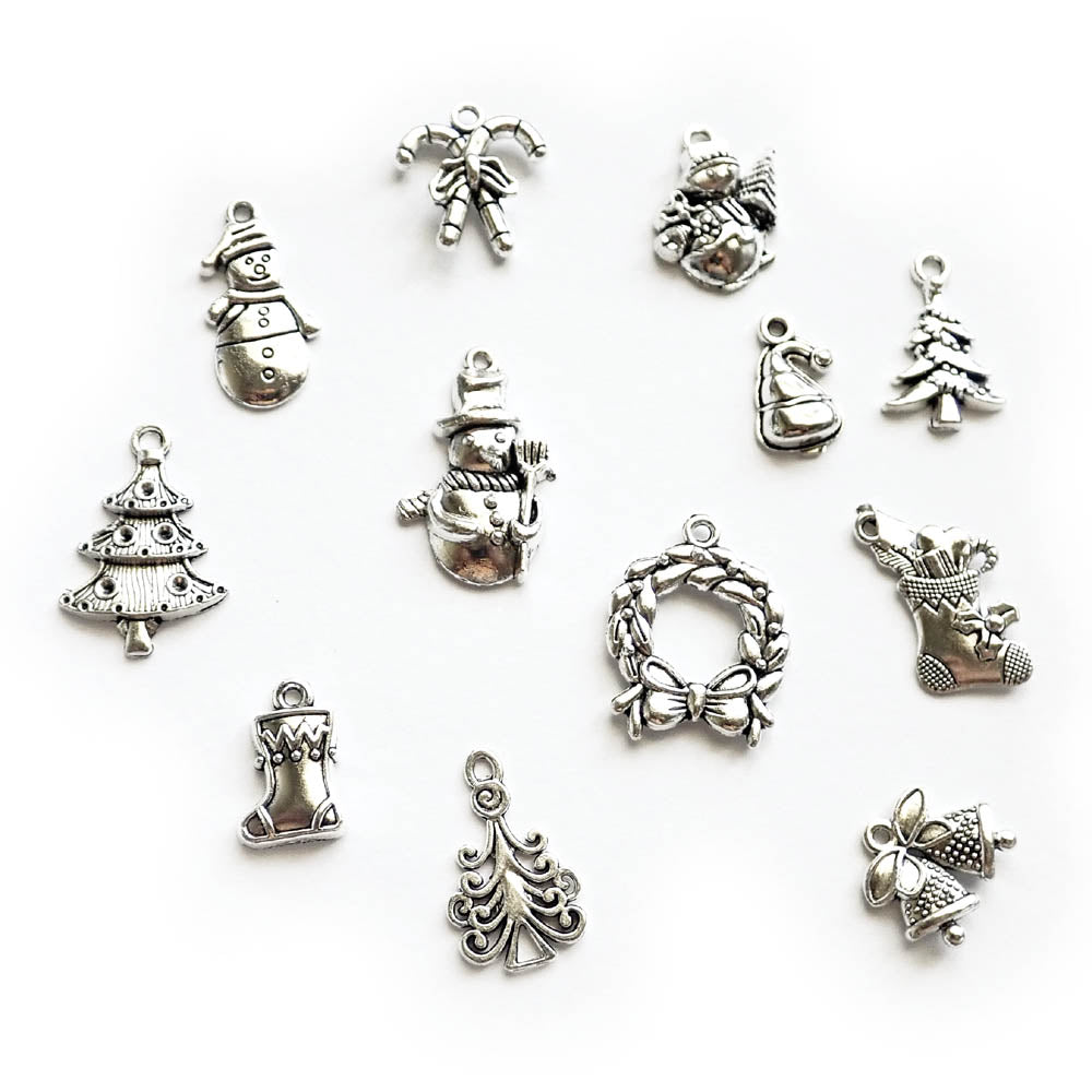 Christmas Metal Charm Mix, Silver Tone, about 12 charms, for making bracelets &amp; jewelry