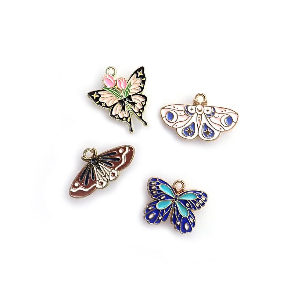 Butterfly & Moth Enamel Metal Charm Mix, 4 charms, for making bracelets & jewelry