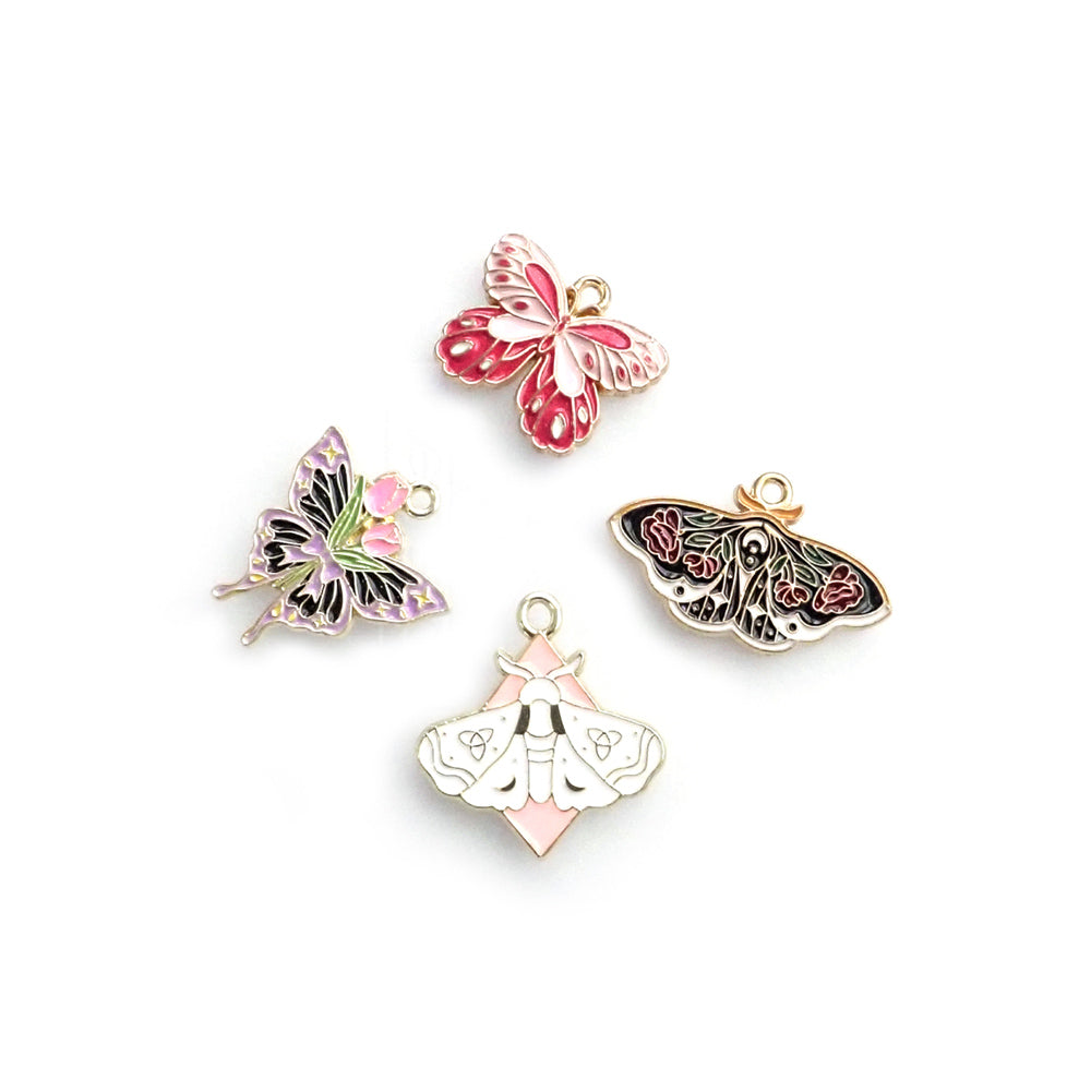 Butterfly & Moth Enamel Metal Charm Mix, 4 charms, for making bracelets & jewelry