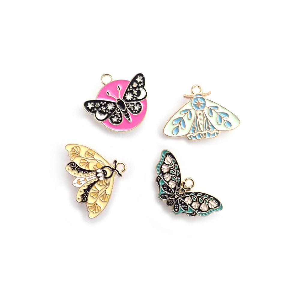 Butterfly & Moth Enamel Metal Charm Mix, 4 charms, for making bracelets & jewelry