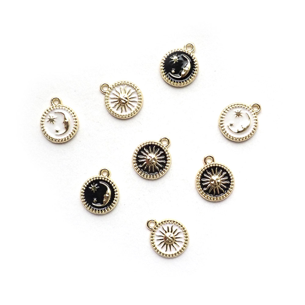 Celestial Dreams Sun &amp; Moon Charms, Black White Enamel w/ Gold Tone, 8 charms